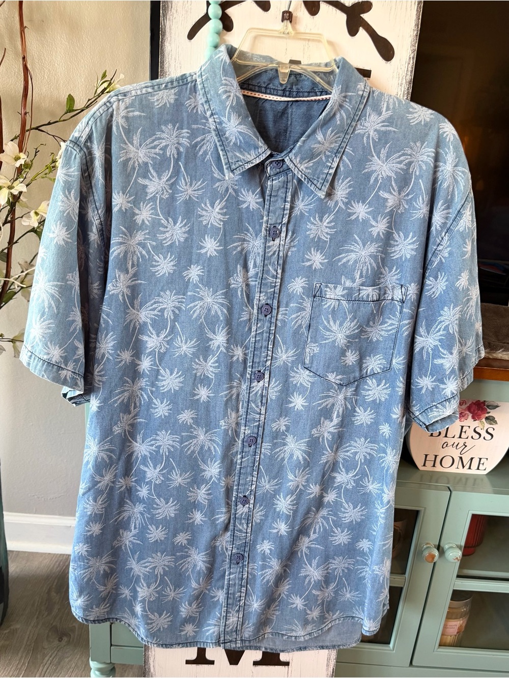 Jachs NY Men’s Casual Light Blue Denim Palm-Print SS Denim Button-Down Shirt XXL